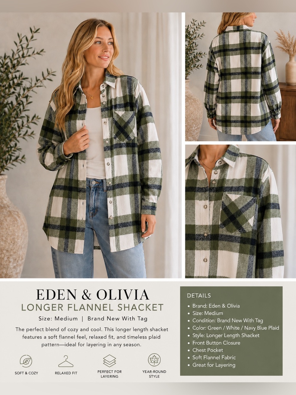 Eden & Olivia Green White Navy Plaid Flannel Shacket Jacket Medium NWT